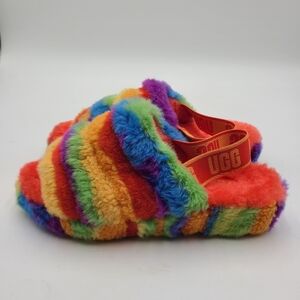 B3 UGG Fluff Yeah Slingback Slippers Women’s 10 Cali Collage Rainbow Cozy Fuzzy